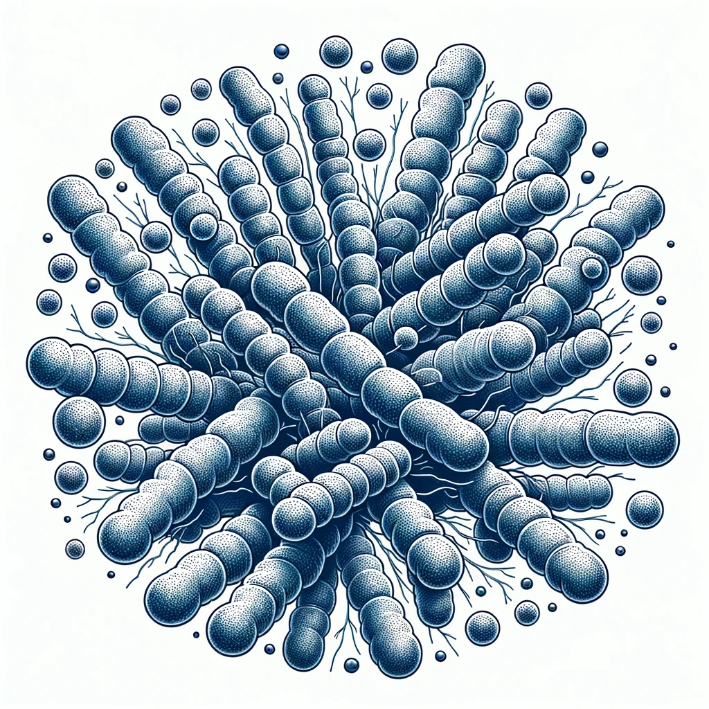 A detailed illustration of lactic acid bacteria. The bacteria should be depicted as rod-shaped and spherical microorganisms, commonly found in clusters or chains. They should be presented in a magnified view as seen under a microscope, with a clear depiction of their cell structure. The background should be simple and white to highlight the bacteria. The illustration should be scientifically accurate and visually appealing.